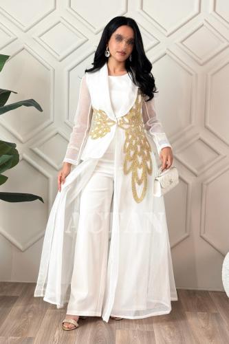 White Beaded Mesh Cape Jumpsuit المقاس:(L - 40)