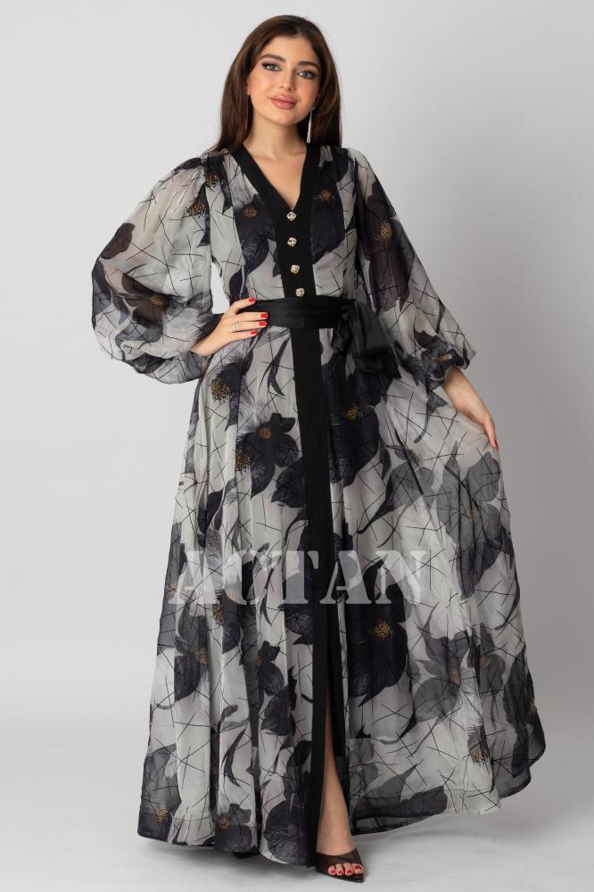 Grey Chiffon Velvet Dress with Rose Print المقاس:(M - 38)