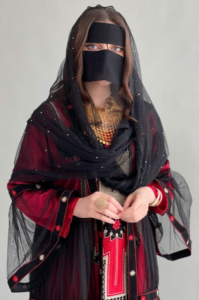 Two-piece embroidered traditional red jalabiya المقاس:(L)