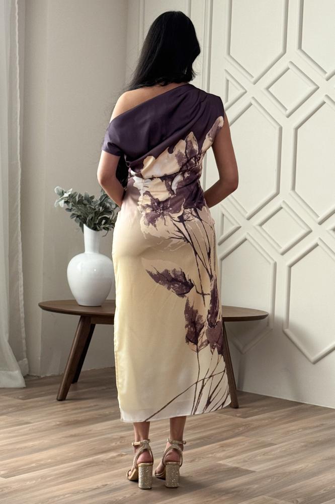 One-shoulder floral print midi dress المقاس:(L - 40)