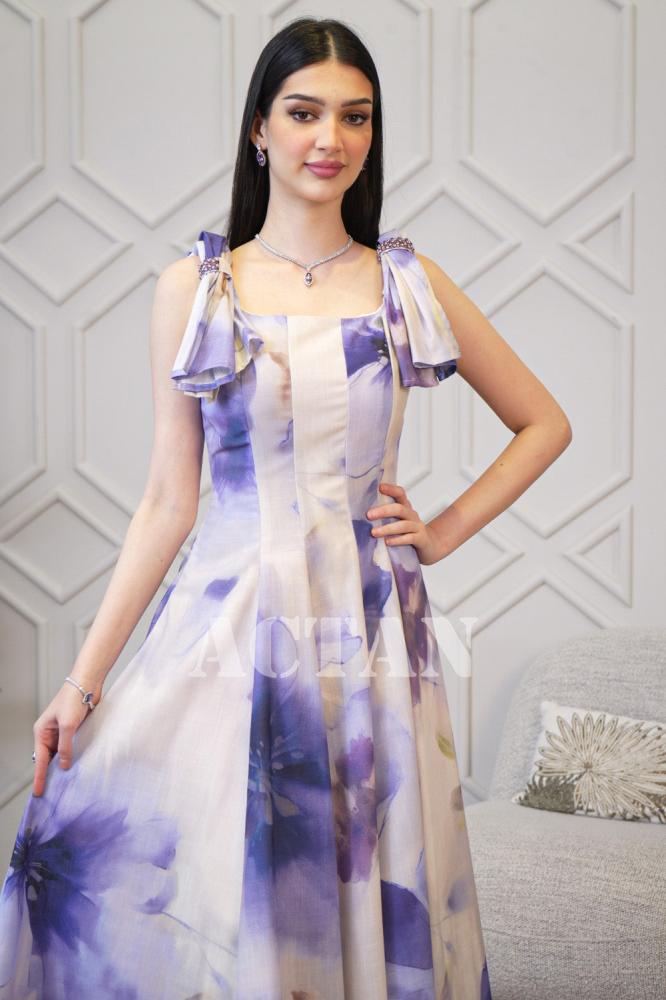Purple Floral Print Bow Shoulder Dress المقاس:(L - 40)