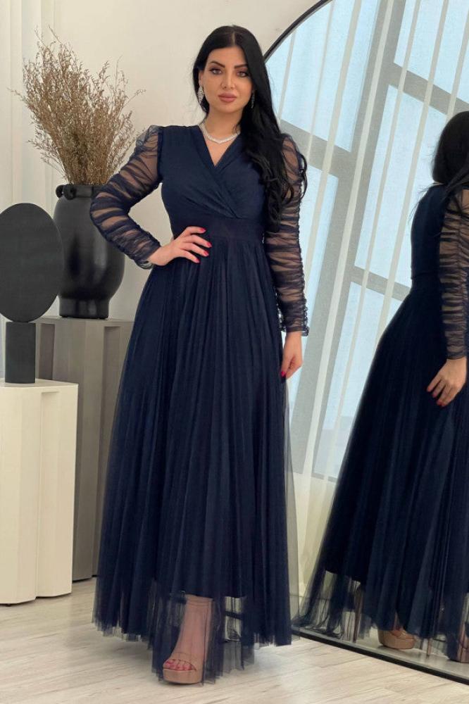 Evening dress with drape sleeves, navy blue المقاس:(M)