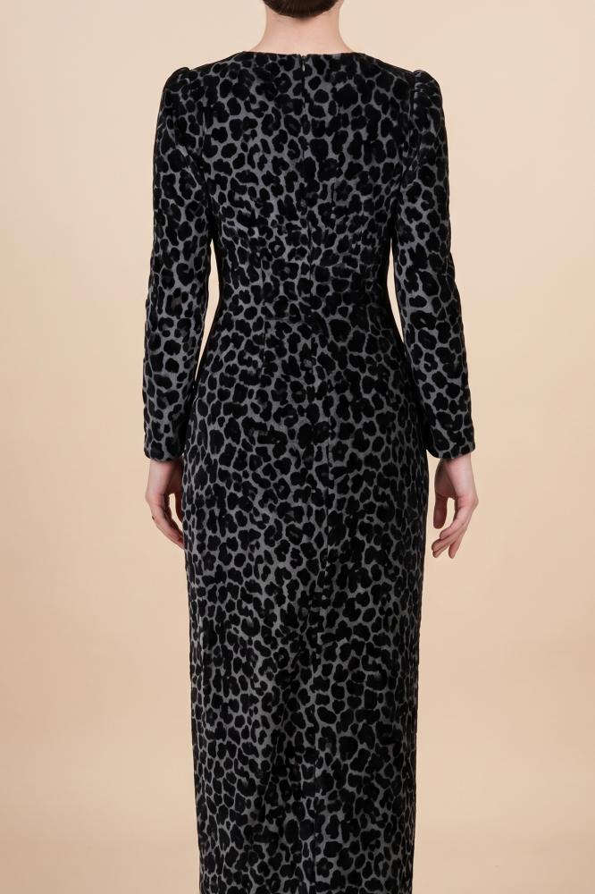 Leopard print velvet dress with side slit and crystals المقاس:(L - 40)