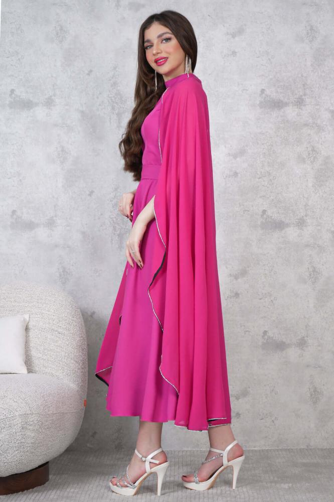 Elegant cape midi dress with embellished fuchsia color المقاس:(L)