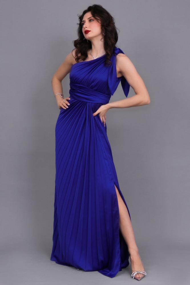 Perkins One Shoulder Satin Evening Dress in Navy Blue المقاس:(M)