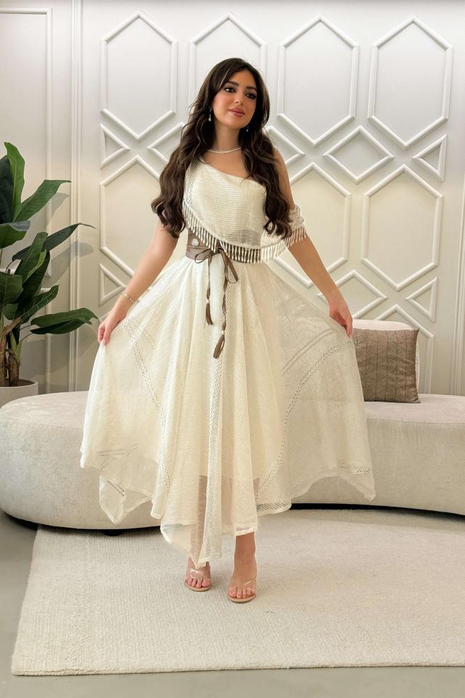 Beige One Shoulder Asymmetrical Dress المقاس:(M - 38)