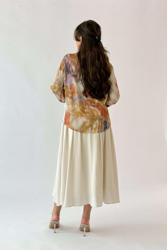 Orange Wave Print Turn-Down Collar Shirt المقاس:(XXL - 44)