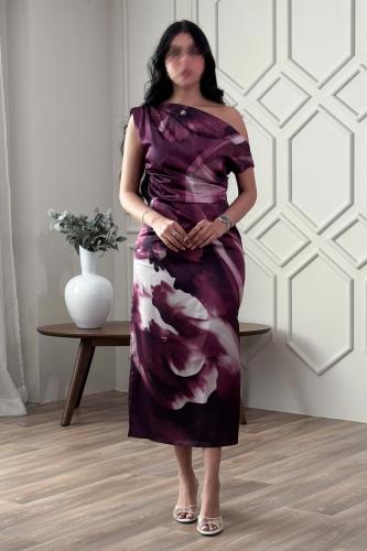 One-shoulder floral print midi dress المقاس:(M - 38)