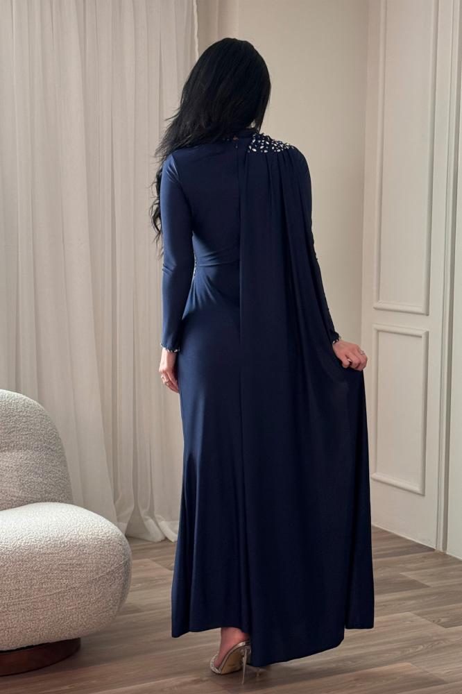Navy blue crystal embellished scarf maxi dress المقاس:(M - 38)