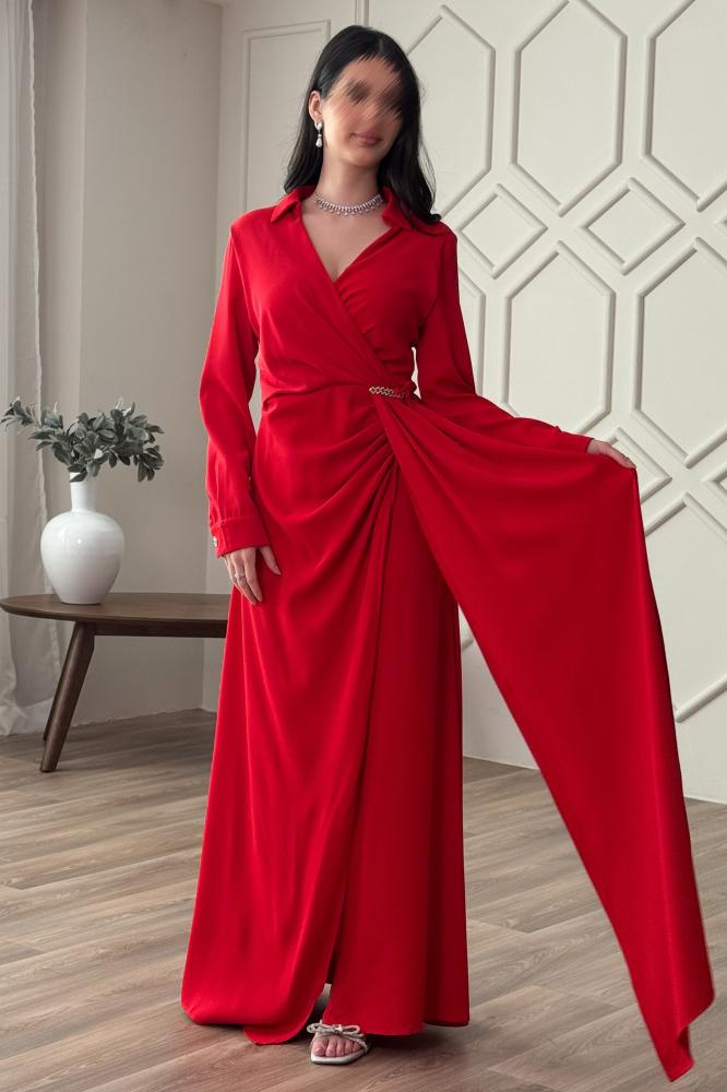 Red pleated wrap long dress المقاس:(XXL - 44)