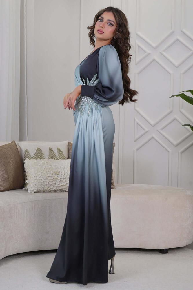 Empire maxi dress with pearl and beaded detail in blue المقاس:(L - 40)