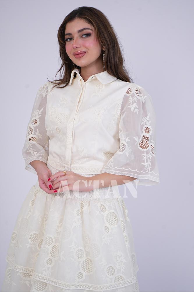 Sugar-colored organza skirt and blouse set المقاس:(M - 38)