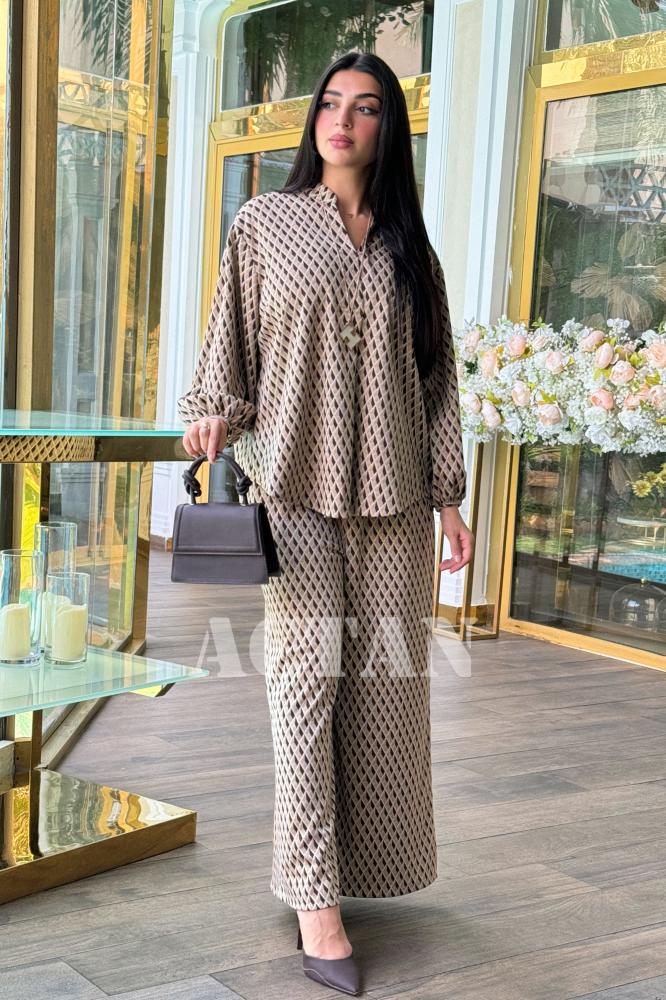 Abstract Print Blouse and Wide Leg Pants Set المقاس:(L - 40)