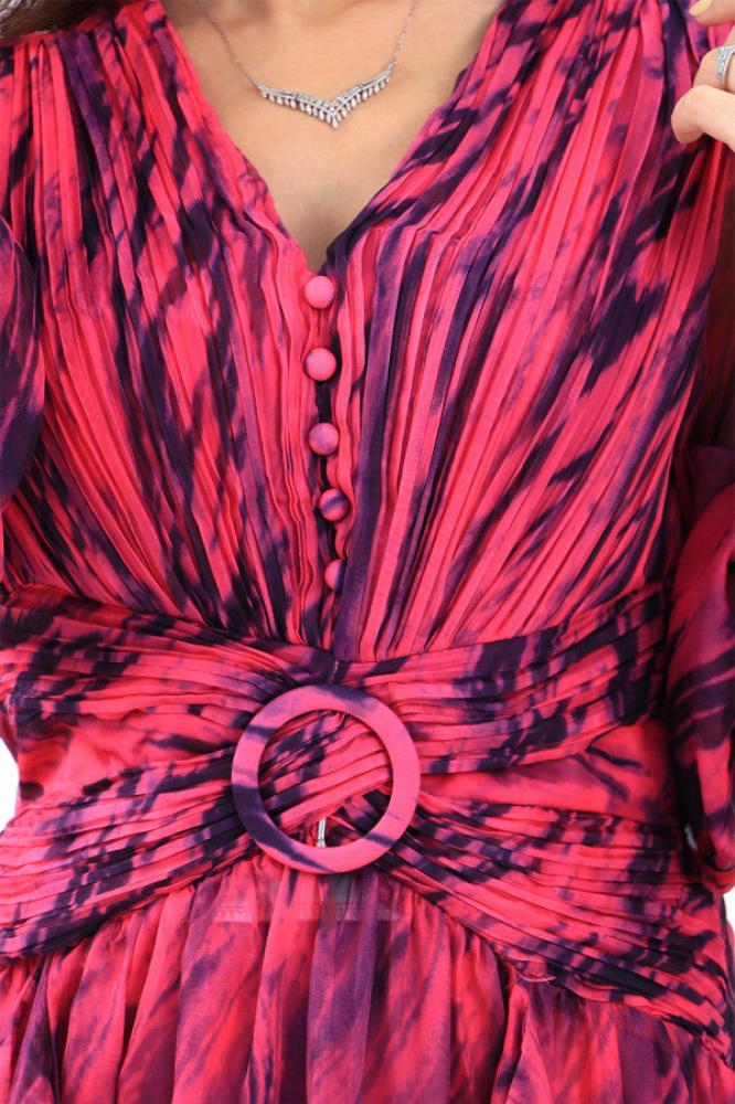 Fuchsia Ruffle Wavy Maxi Dress المقاس:(L - 40)