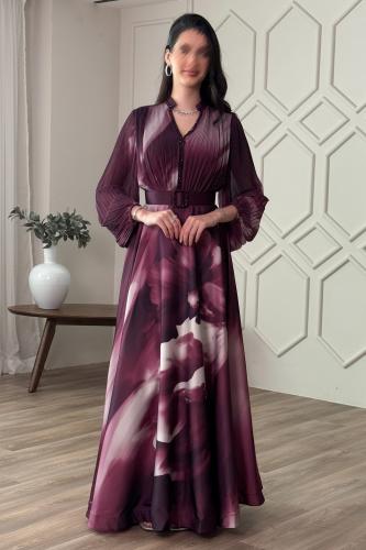 Purple floral print pleated maxi dress المقاس:(S - 36)