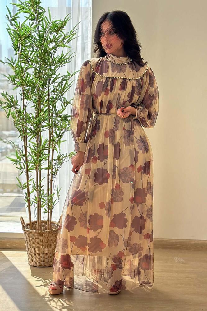 Elegant beige floral print maxi dress المقاس:(L)