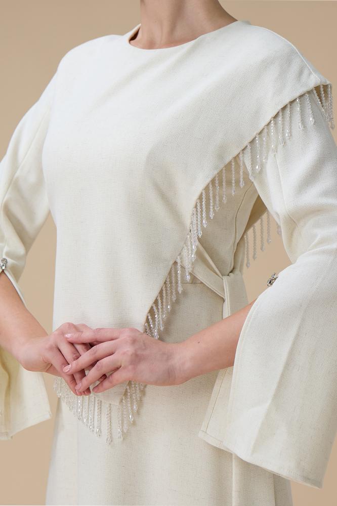 فستان بيج طويل برباط جانبي المقاس:(XXL - 44)