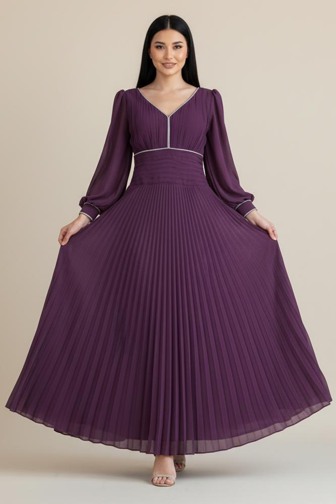 Purple Chiffon Pleated Dress with Crystal Ribbon المقاس:(L)