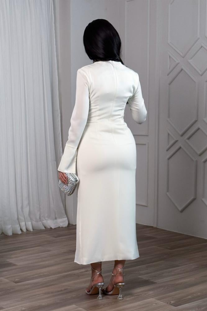Light beige crystal embellished pleated midi dress المقاس:(L - 40)