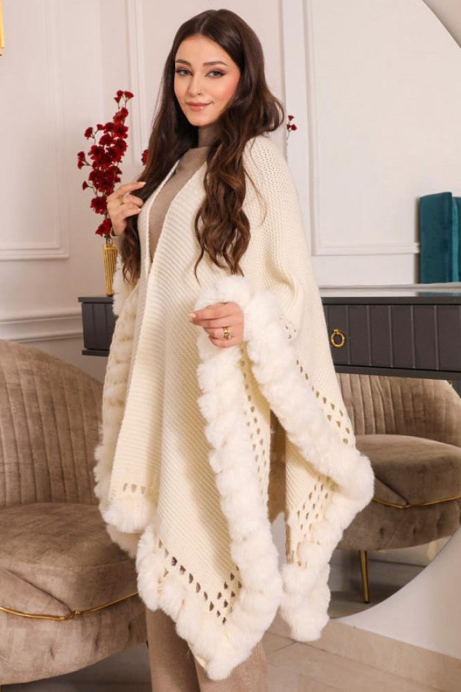 Black wool shawl with white cardigan sleeves المقاس:(Free Size)