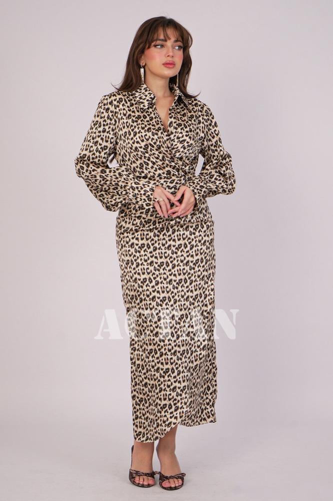 Beige leopard print draped dress المقاس:(L - 40)