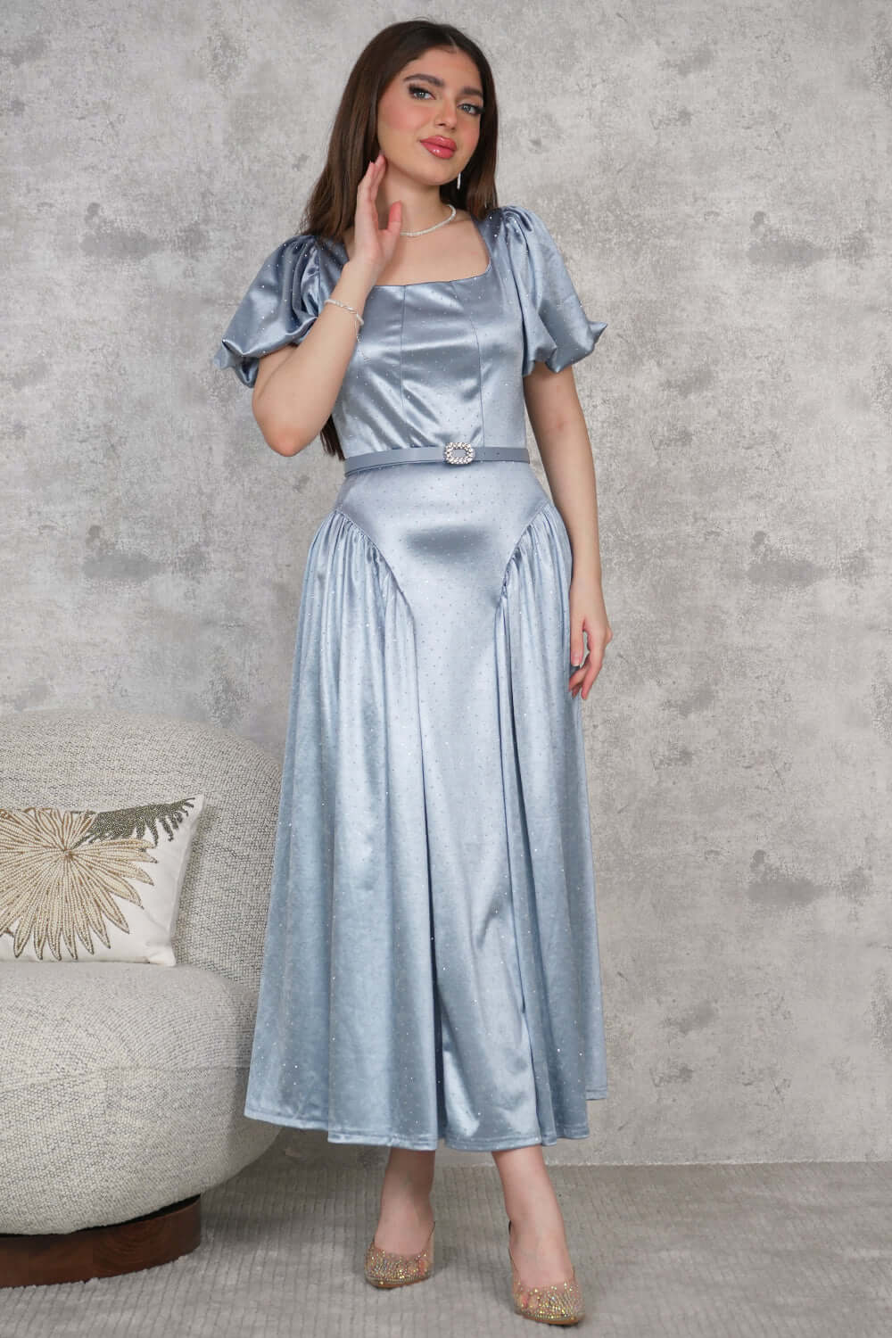 Blue sequined maxi dress with ruffled puff sleeves