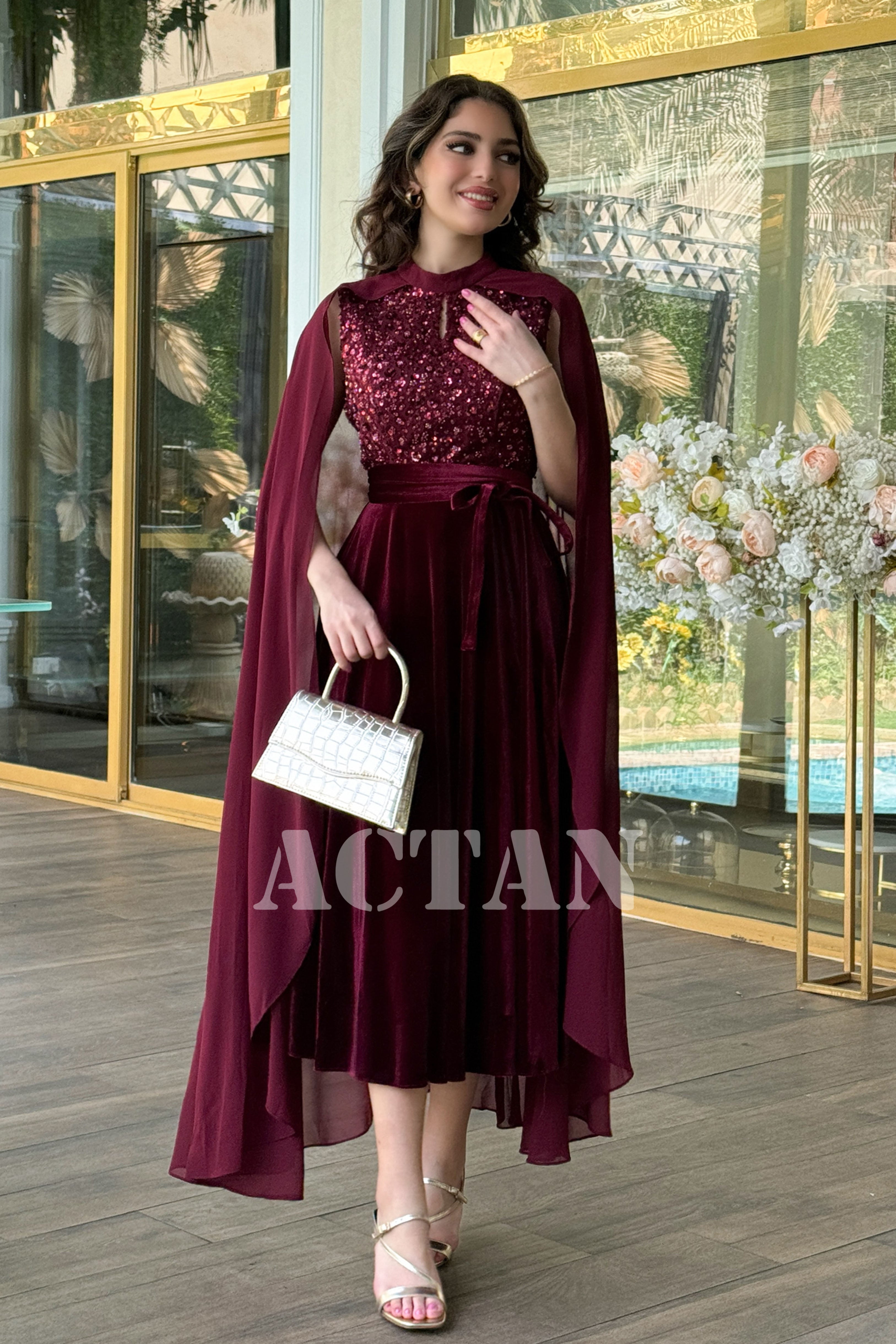 Velvet midi dress with cape sleeves embellished with sequins