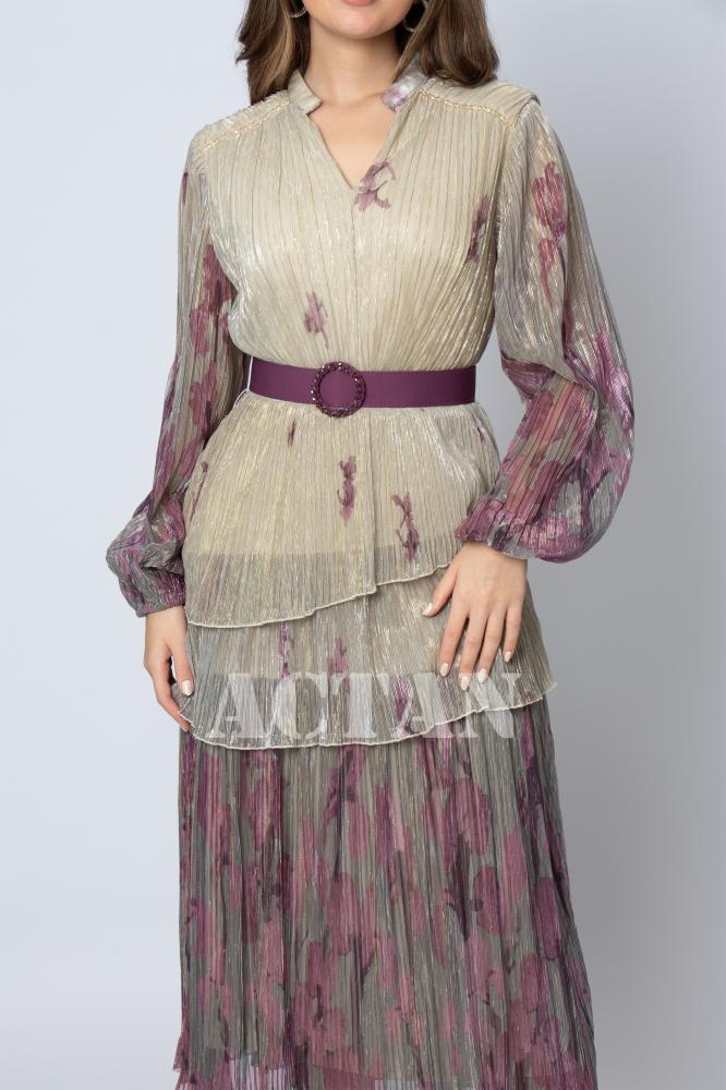 Beige Chiffon Tiered Midi Dress المقاس:(M - 38)