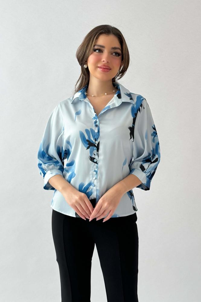Blue 3/4 Sleeve Floral Print Satin Shirt المقاس:(L - 40)