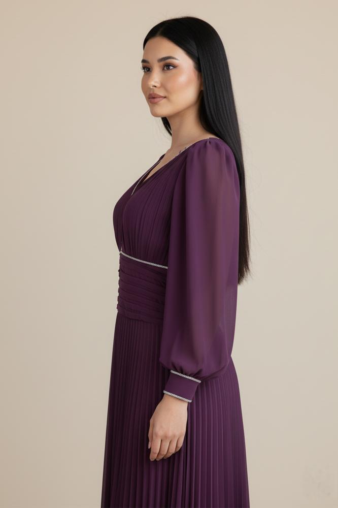 Purple Chiffon Pleated Dress with Crystal Ribbon المقاس:(L)