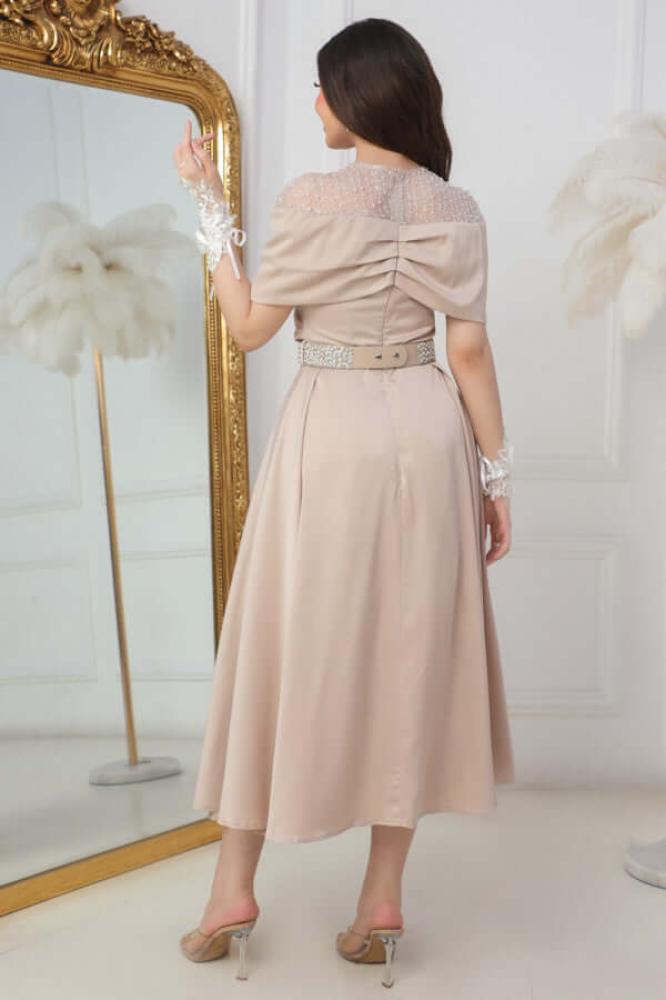Beige Embroidered Off Shoulder Midi Dress المقاس:(L - 40)
