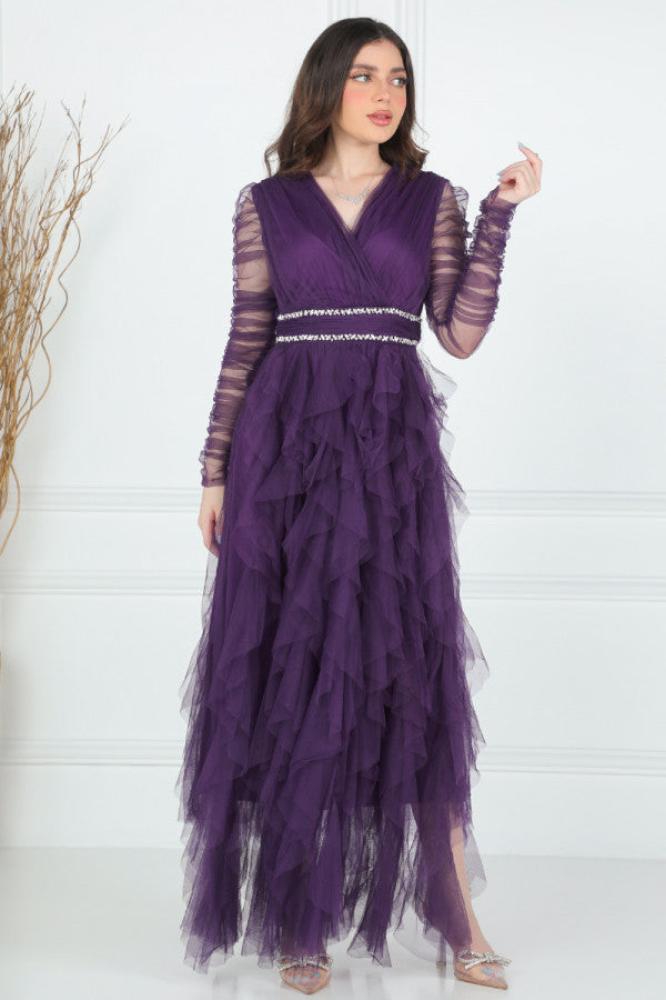 Purple evening dress with embroidered ruffles and waist المقاس:(L - 40)