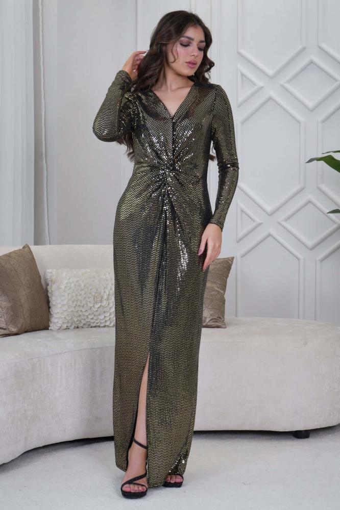 Gold sequin maxi dress with front slit المقاس:(M - 38)