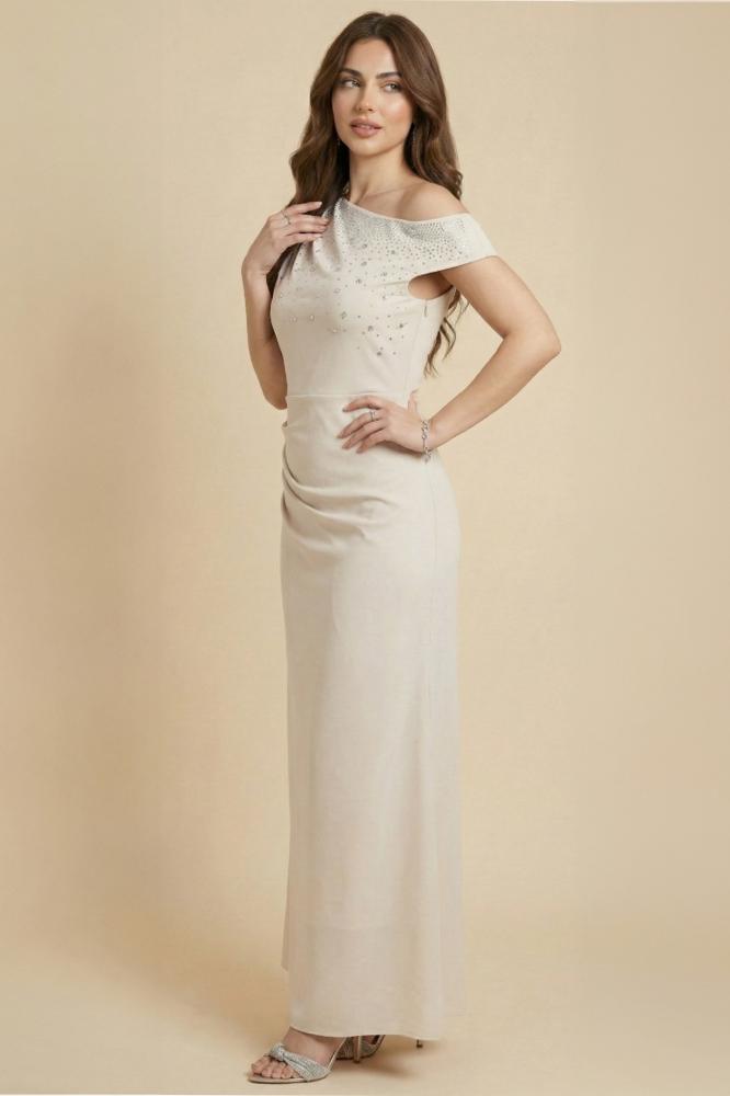 Beige sequined draped bodycon dress المقاس:(XL - 42)