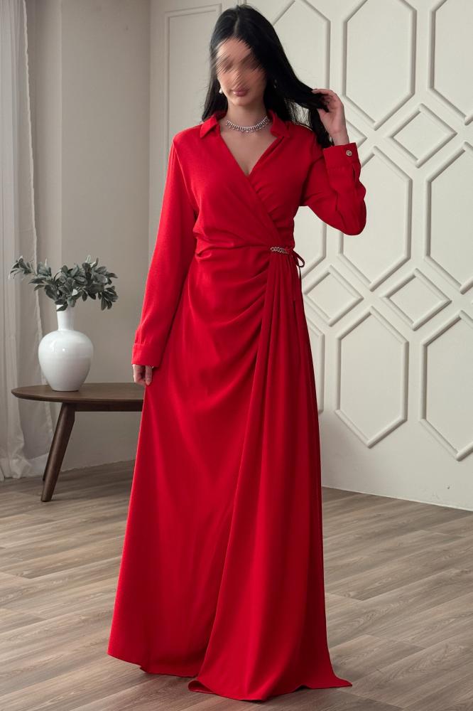 Red pleated wrap long dress المقاس:(XXL - 44)