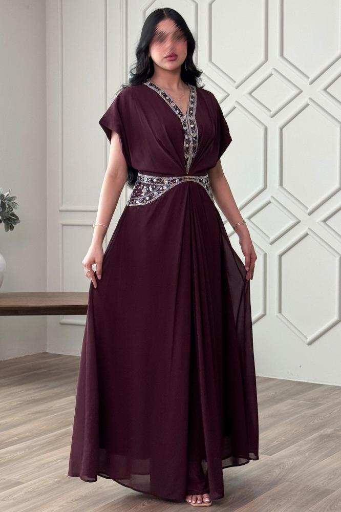 Burgundy chiffon jalabiya with sequins المقاس:(L - 40)