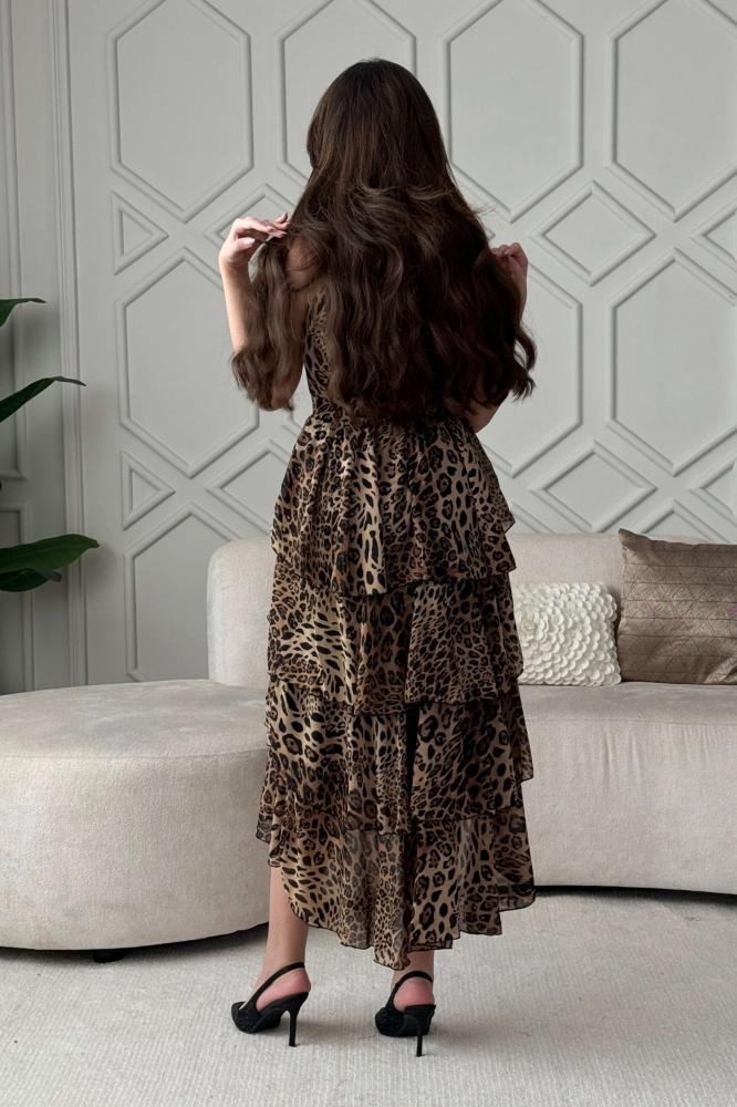 Brown leopard print asymmetrical tiered dress المقاس:(L - 40)