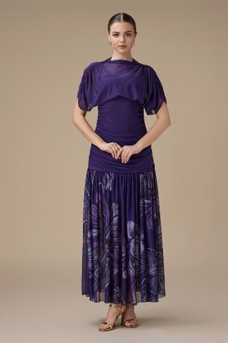 فستان بنفسجي طويل مشجر درابيه المقاس:(XXL - 44)