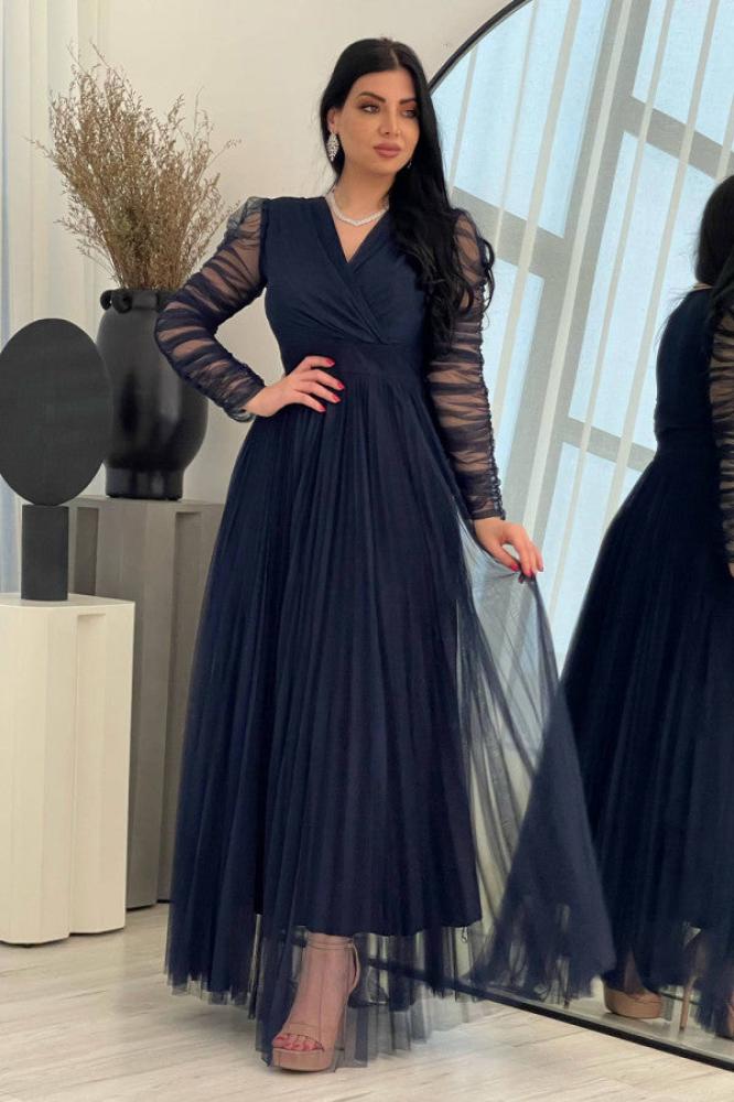 Evening dress with drape sleeves, navy blue المقاس:(M)