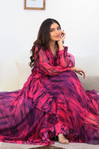 Fuchsia Ruffle Wavy Maxi Dress المقاس:(L - 40)