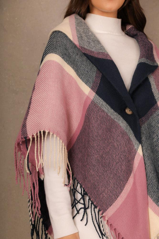 Elegant plaid winter shawl with a triangular cut, pink المقاس:(Free Size)