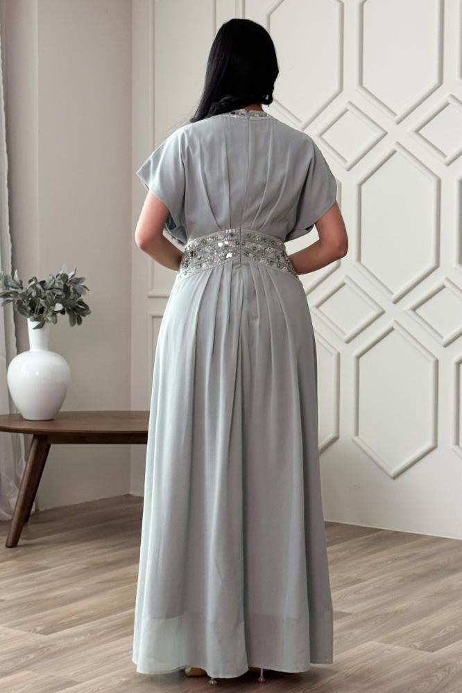Light blue chiffon jalabiya with sequins المقاس:(L - 40)