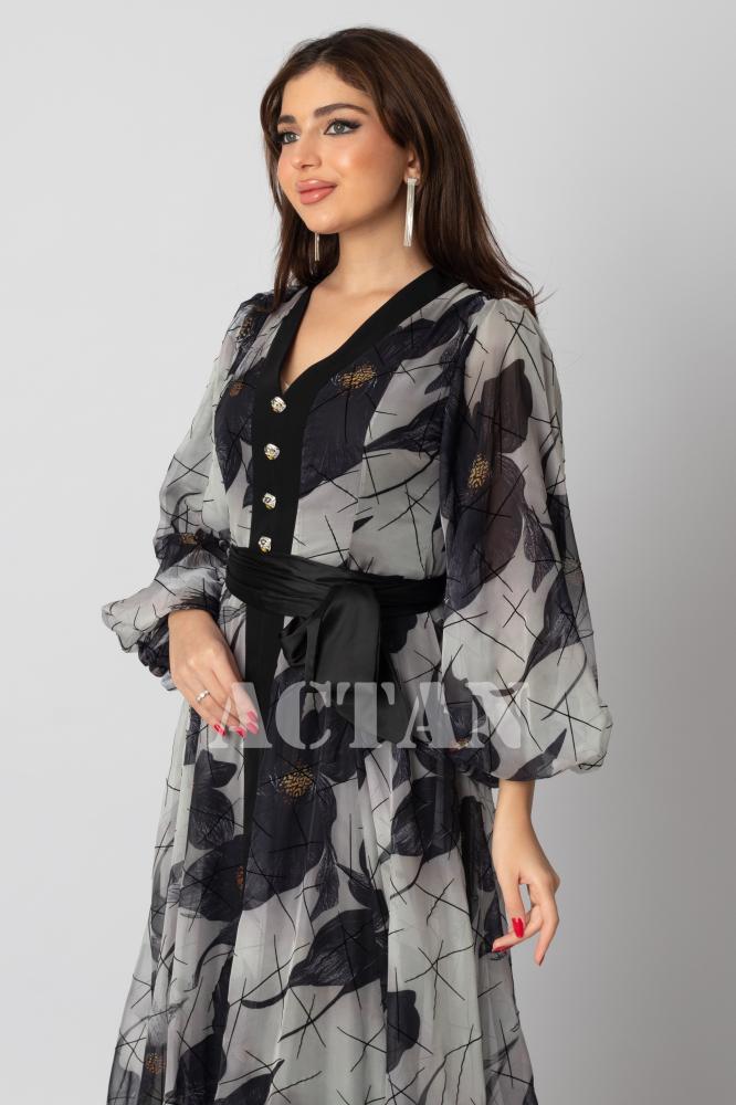 Grey Chiffon Velvet Dress with Rose Print المقاس:(M - 38)