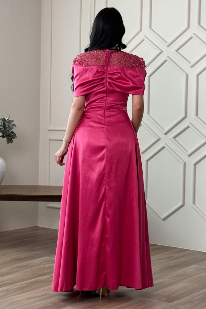 Fuchsia satin taffeta dress with collar sleeves المقاس:(L)