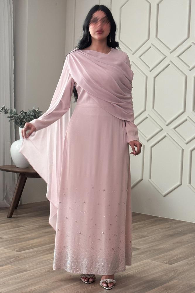 Pink chiffon draped maxi dress المقاس:(L - 40)