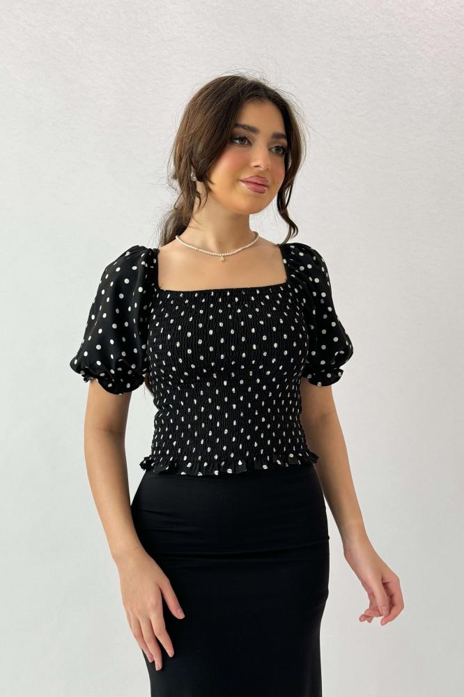 Black polka dot print ruffle effect blouse المقاس:(M)