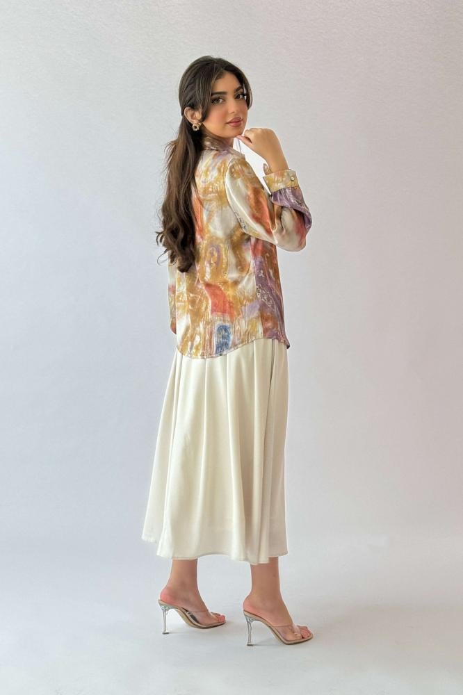 Orange Wave Print Turn-Down Collar Shirt المقاس:(XXL - 44)