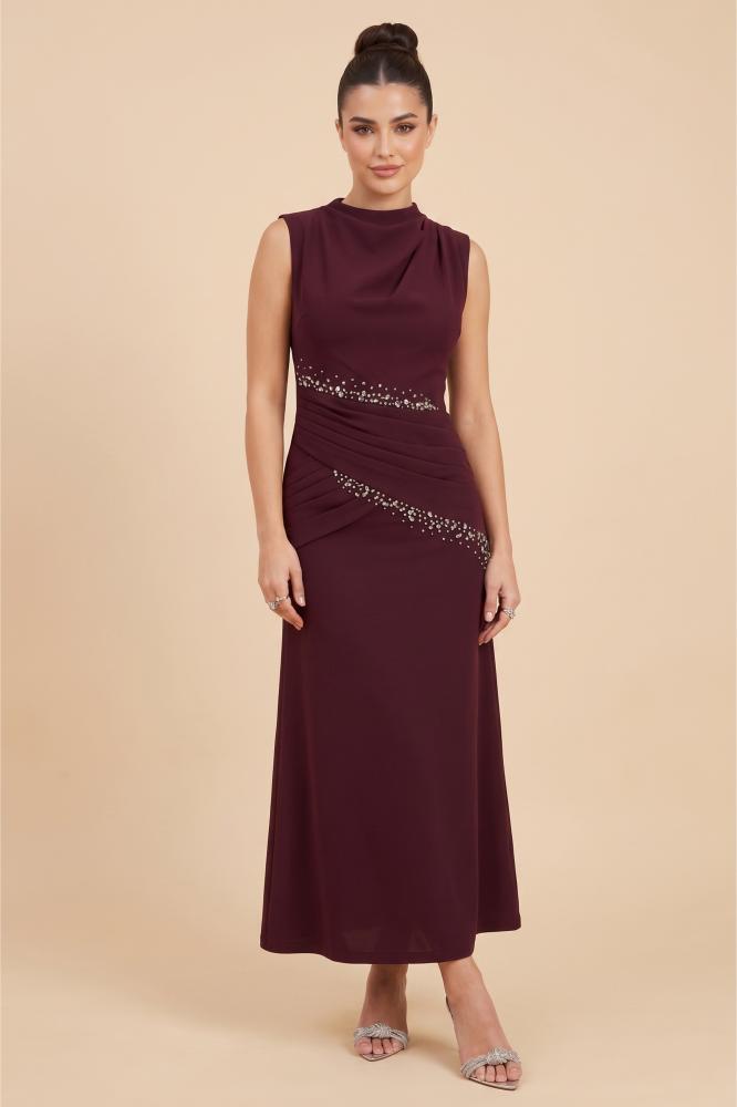 Burgundy pleated midi dress المقاس:(L - 40)