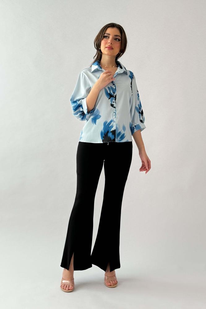 Blue 3/4 Sleeve Floral Print Satin Shirt المقاس:(L - 40)