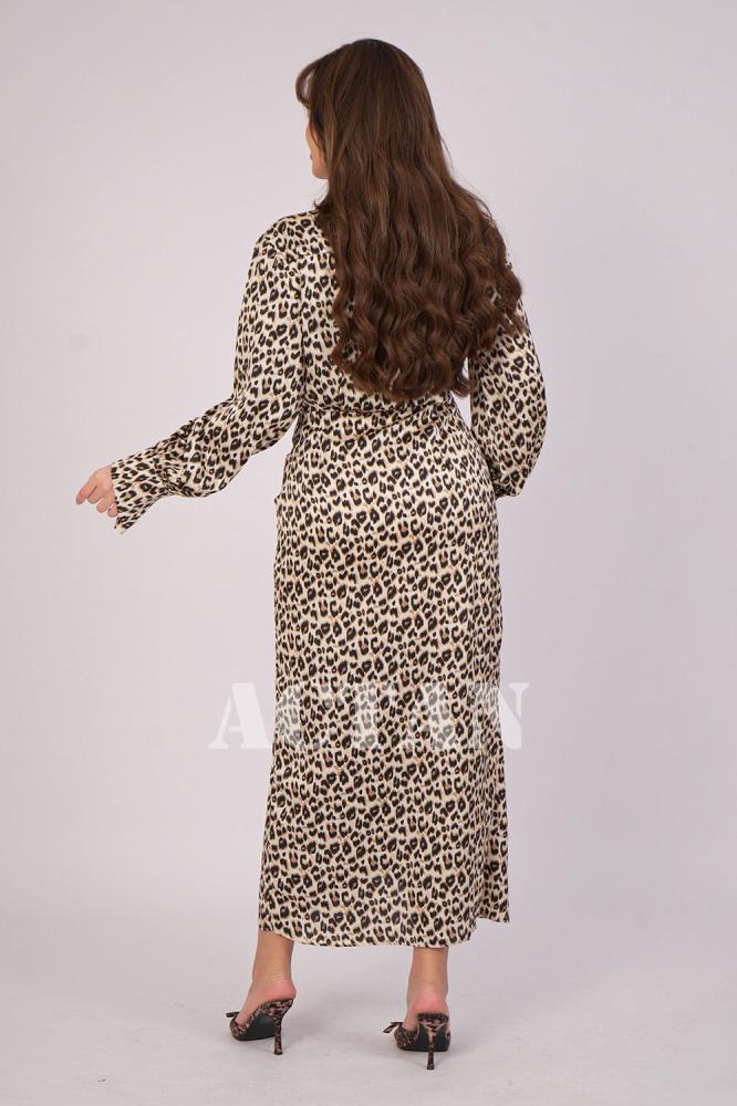 Beige leopard print draped dress المقاس:(L - 40)